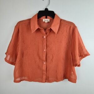 Open Edit Women's Coral Short Sleeve Button Up Shirt XS Cropped Sheer Oversized‎